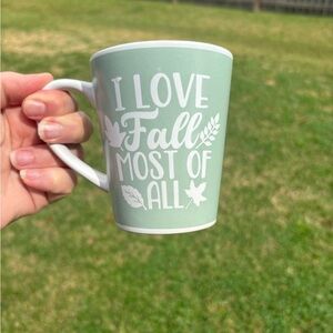 Sage green & white coffee mug “I Love Fall Most of All” Small Crack top handle